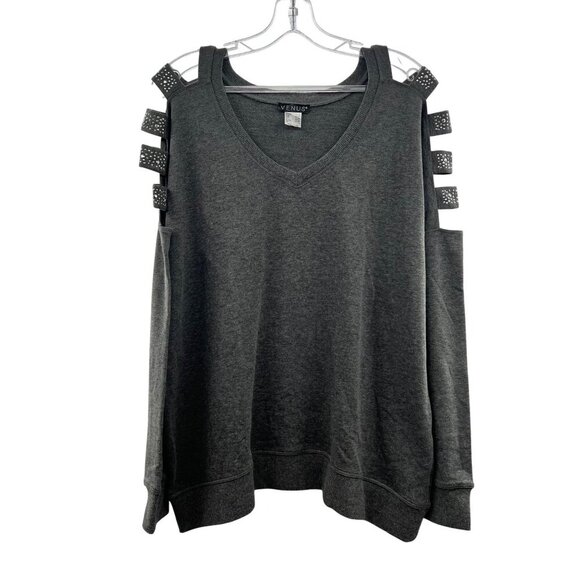VENUS V-Neck Pullover Sweatshirt Long Cut Out Sleeve Gray Size Large Rhinestones - Picture 1 of 9